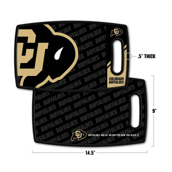 Double-sided CU Boulder cutting board featuring black background with gold interlocking CU logo and Colorado Buffaloes text